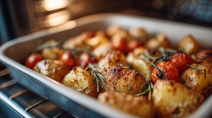 Golden roasted potatoes and cherry tomatoes with rosemary in oven