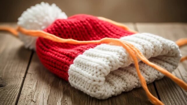 A red and white knitted stocking with orange trim lies on a wooden surface