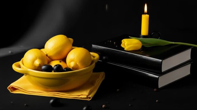 A still life featuring a yellow bowl of fruit on a napkin next to two black books with a lit candle and a flower