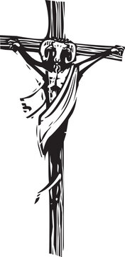 Woodcut style image of a goat headed demon on a cross