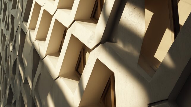 modern architectural building facade with geometric patterns and strong sunlight shadows