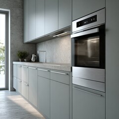 Fototapeta premium Modern kitchen with sleek cabinetry and built-in oven in bright interior