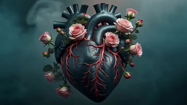 A dark anatomical human heart intertwined with delicate pink roses, set against a moody, smoky teal background.