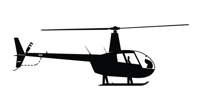 Silhouette of a black helicopter with visible rotor and tail boom details