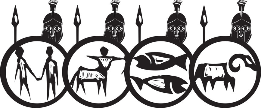 Woodcut style greek hoplite soldier with archaic weapons