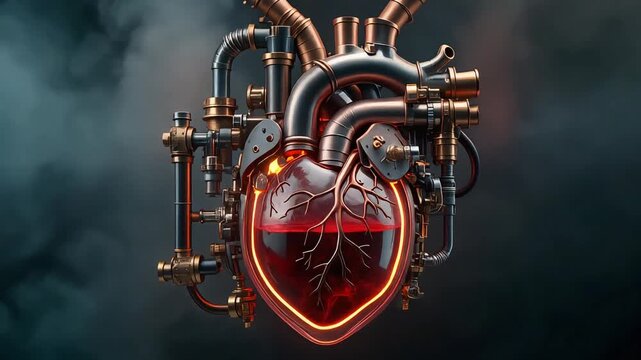A detailed steampunk mechanical heart with intricate gears, pipes, and a glowing glass chamber filled with red liquid, set against a smoky background.