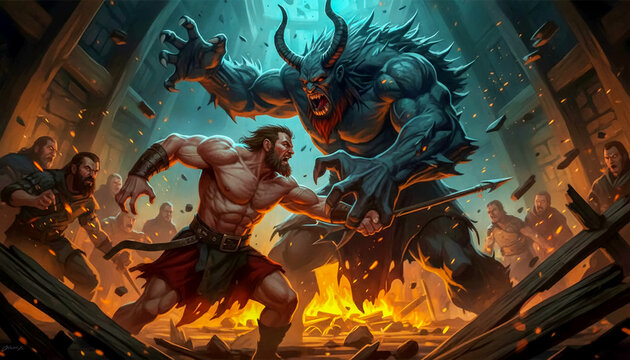 Beowulf Battles the Monster Grendel at Night nordic saga myth
