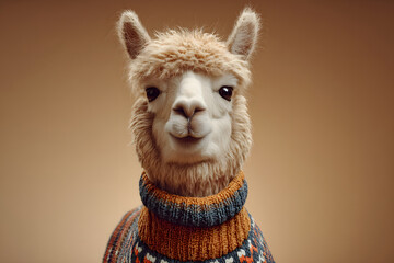 Fototapeta premium Llama wearing a sweater poses while looking directly at the camera in a studio setting with a plain background