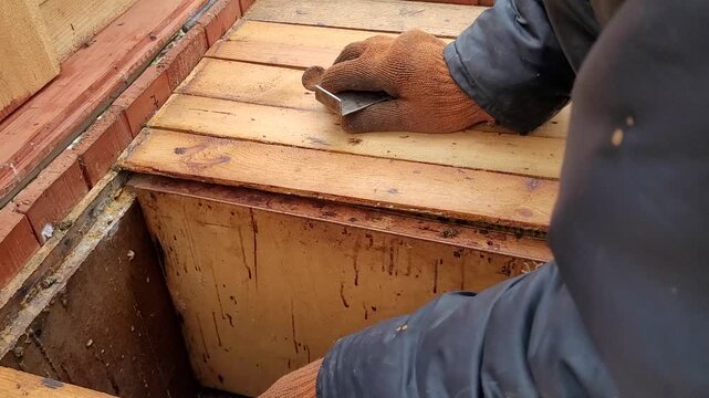 A beekeeper in gloves cleaning dead bees from a hive with a brush and paper in the garden, caring for bees, beekeeping, beekeeping products, honey production and apitherapy concept.