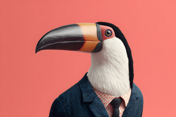 Fototapeta premium Toucan in a suit with a pink background stands in a unique pose during a creative photoshoot