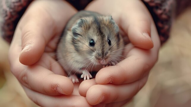 Cute fluffy hamster in your arms. A rodent with thick cheeks. The concept of pet care, the love of animals.