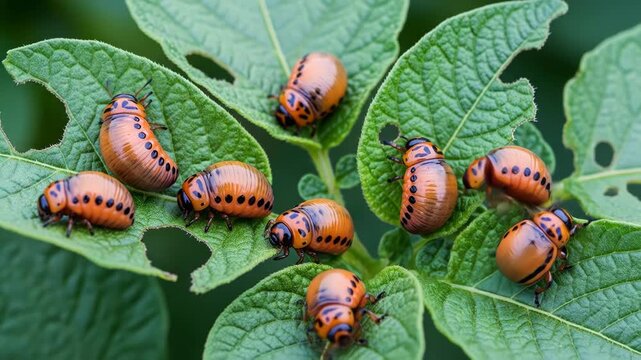 A group of orange and black insects with distinctive markings on a leaf