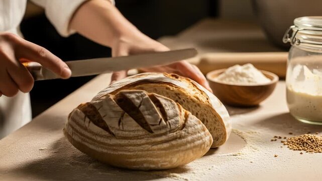A person's hands scoring a loaf of bread on a floured surface