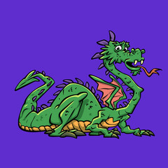 Obraz premium Side View Green Medieval Classic Dragon Cartoon Vector Illustration 