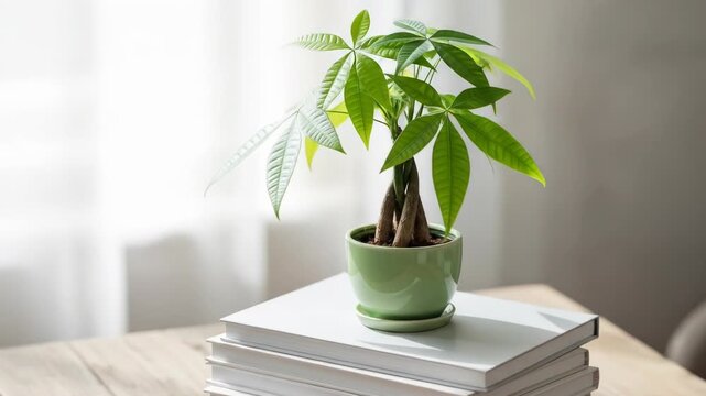 A small potted plant sits atop a stack of white books on a wooden table