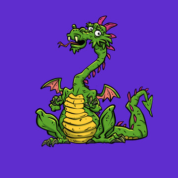 Worried Green Medieval Classic Dragon Cartoon Vector Illustration 