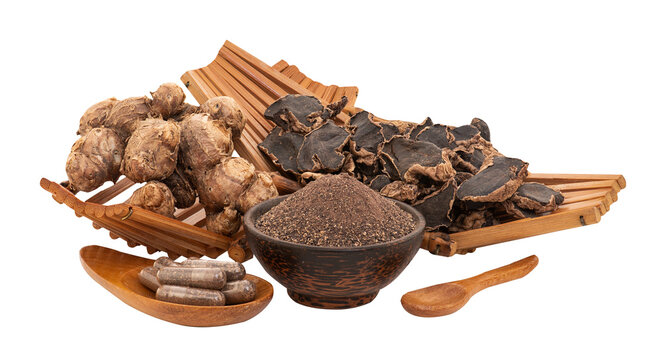 Black galingale or Kaempferia parviflora rhizomes ,powder ,dried slices  and capsule isolated on transparent background.