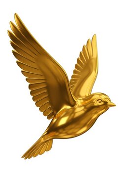 Gleaming golden figurine depicts a small songbird in midflight against a stark white background