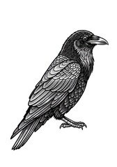 Fototapeta premium Detailed black and white engraving style illustration of a large black bird perched