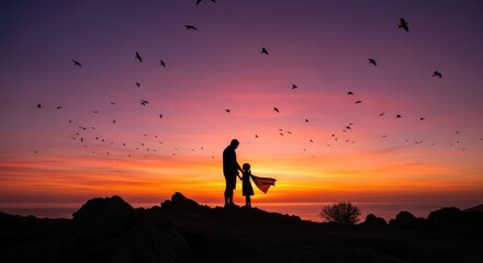 Obraz premium Heartwarming father's day moment silhouette of dad and child watching sunset together