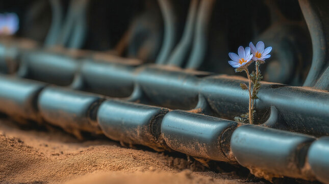Delicate Light Blue Flower Growing Between Dark Metal Chains in Sand