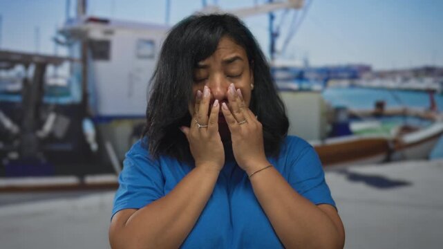 African american woman pinches nose with both hands next to moored boat on sunlit port dock; disgust.