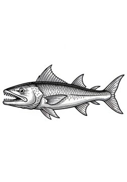 Detailed engraving illustration depicts a predatory marine creature with sharp teeth swimming horizontally.