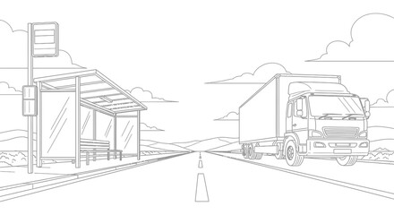 Line art depiction of a highway scene with a truck and bus stop