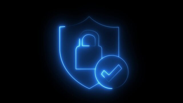 glowing neon blue color lock animation icon security privacy password protection safety animated on black background. 4k motion graphic animation.4k video animation.