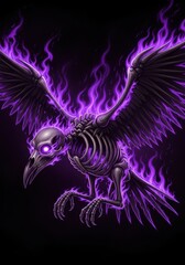 Fototapeta premium Skeletal winged creature engulfed in vibrant purple ethereal flames against a dark background