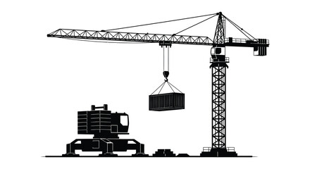 Black and white silhouette of a construction crane and heavy machinery © arfanah02