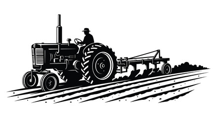 Vintage tractor plowing a field a black and white illustrative design