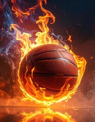 Fototapeta premium A vibrant basketball engulfed in fiery flames creates a dynamic and intense visual spectacle, reflecting power, passion, and the heat of competition.