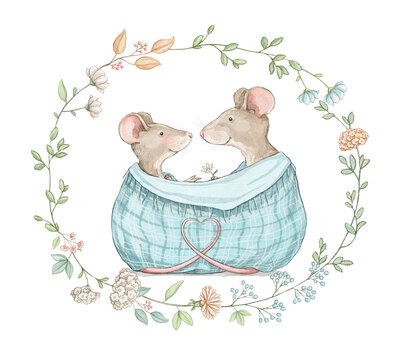 Watercolor composition with family of smiling pair of mice animals in cozy in blue blanket plaid for Valentine's Day framed oval frame of flowers isolated of white background. Hand drawn illustration