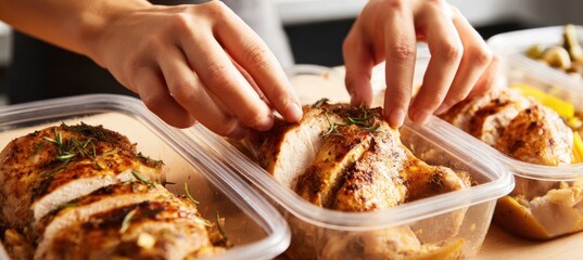 Fair-skinned young adult woman is placing sliced roasted chicken breast seasoned with fresh rosemary into clear plastic meal prep containers.
