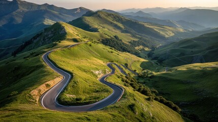 Naklejka premium A winding mountain road snakes through lush green hills at sunset. The asphalt serpentine highway curves through a scenic landscape with valleys.