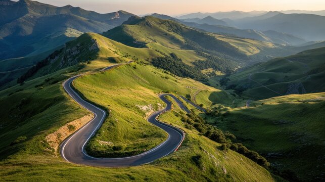 A winding mountain road snakes through lush green hills at sunset. The asphalt serpentine highway curves through a scenic landscape with valleys.