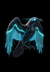 Fototapeta premium Dark avian creature exhibits glowing neon light patterns across its form against a solid black background