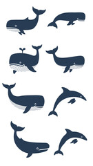 Obraz premium Collection of Cute Cartoon Whales and Dolphins Silhouettes Illustration