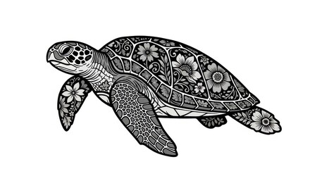 Obraz premium Stylized sea turtle illustration featuring intricate black and white floral patterns on its shell and skin