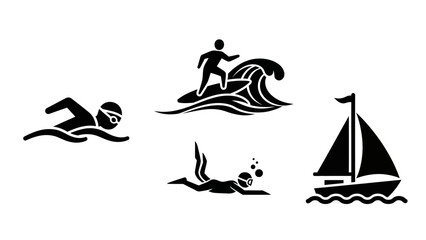 Obraz premium Collection of black and white silhouette icons representing water sports and activities