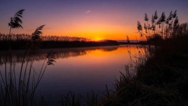 A serene lake at sunset with vibrant orange hues reflecting on calm water surrounded by silhouetted grasses