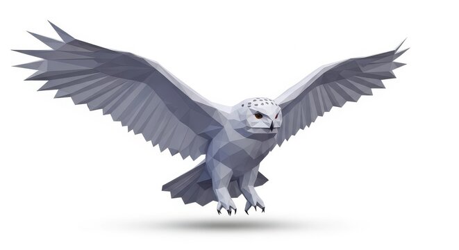 Low polygon graphic depiction of a large white owl in flight against a white background