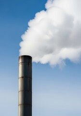Tall industrial smokestack releases white vapor against a bright blue sky