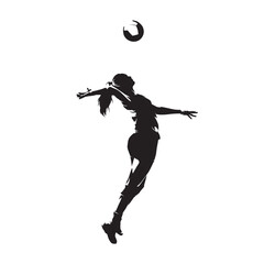 Volleyball. Vector silhouette of volleyball player jumping and spiking ball. Side view of woman athlete in mid-air preparing powerful spike while focusing on ball. Dynamic sports illustration