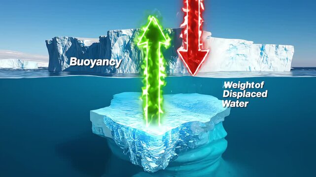 Wide cross-section view of a massive iceberg floating in bright sunlight under a clear blue sky, featuring animated graphics demonstrating buoyancy and weight of displaced water physics principles