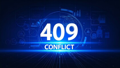 Fototapeta premium Futuristic blue technology dashboard visualizing 409 Conflict HTTP status code within glowing digital network communication interface