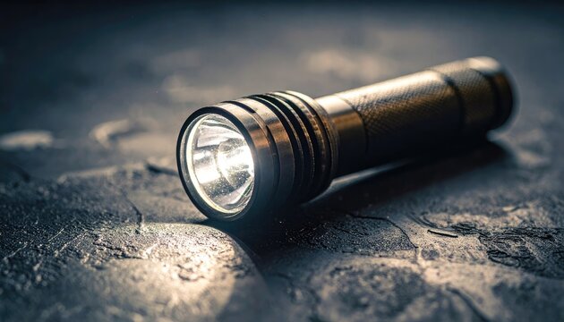 A close-up shot showcases a powerful flashlight emitting a bright beam of light against a textured, dark surface, highlighting its robust design and utility.