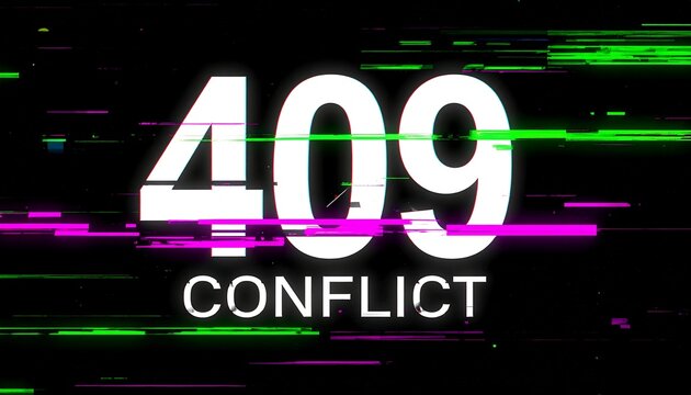 Glitch distorted cyber network interface displaying 409 Conflict HTTP status code across neon digital server error screen