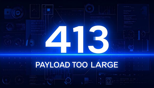 Futuristic blue technology dashboard visualizing 413 Payload Too Large HTTP status code within glowing digital network communication interface